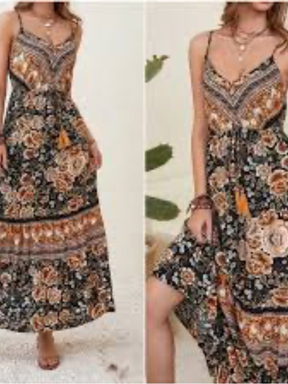 Bohemian Floral Maxi Dress in Black and Rust
